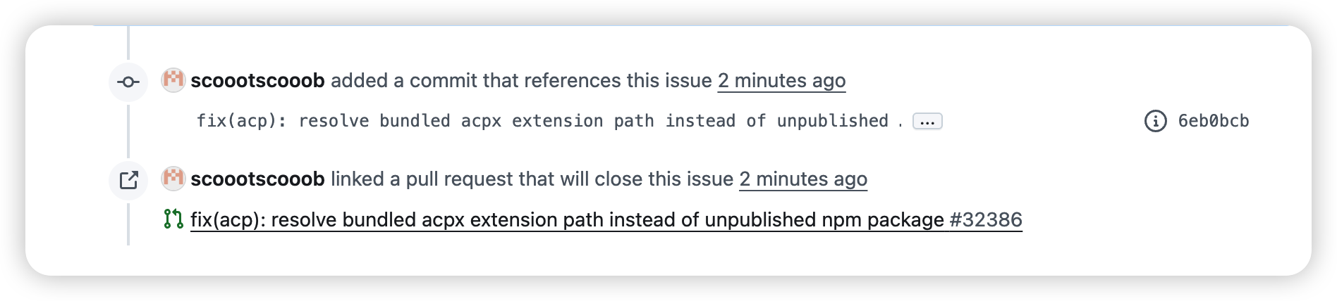 Issue timeline — 两个开发者几乎同时提交了修复