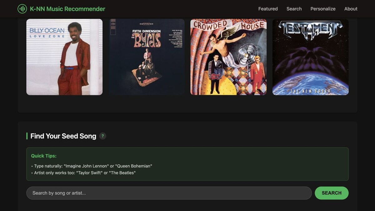 KNN Music Recommender interface with album covers and a seed-song search