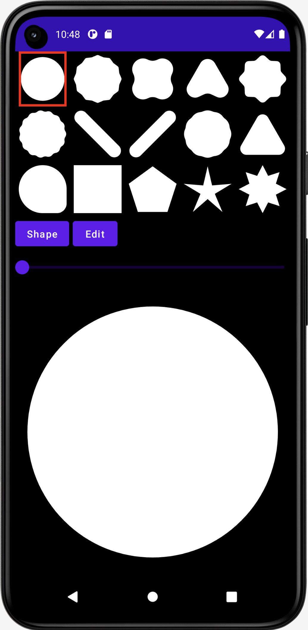 Screenshot of the Compose version of the app, showing some of the shapes enabled by the library