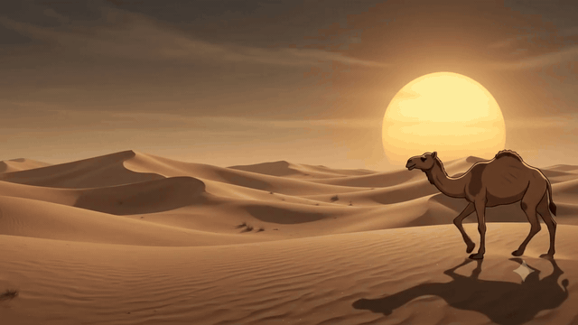 Camel walking through the Thar desert at sunset