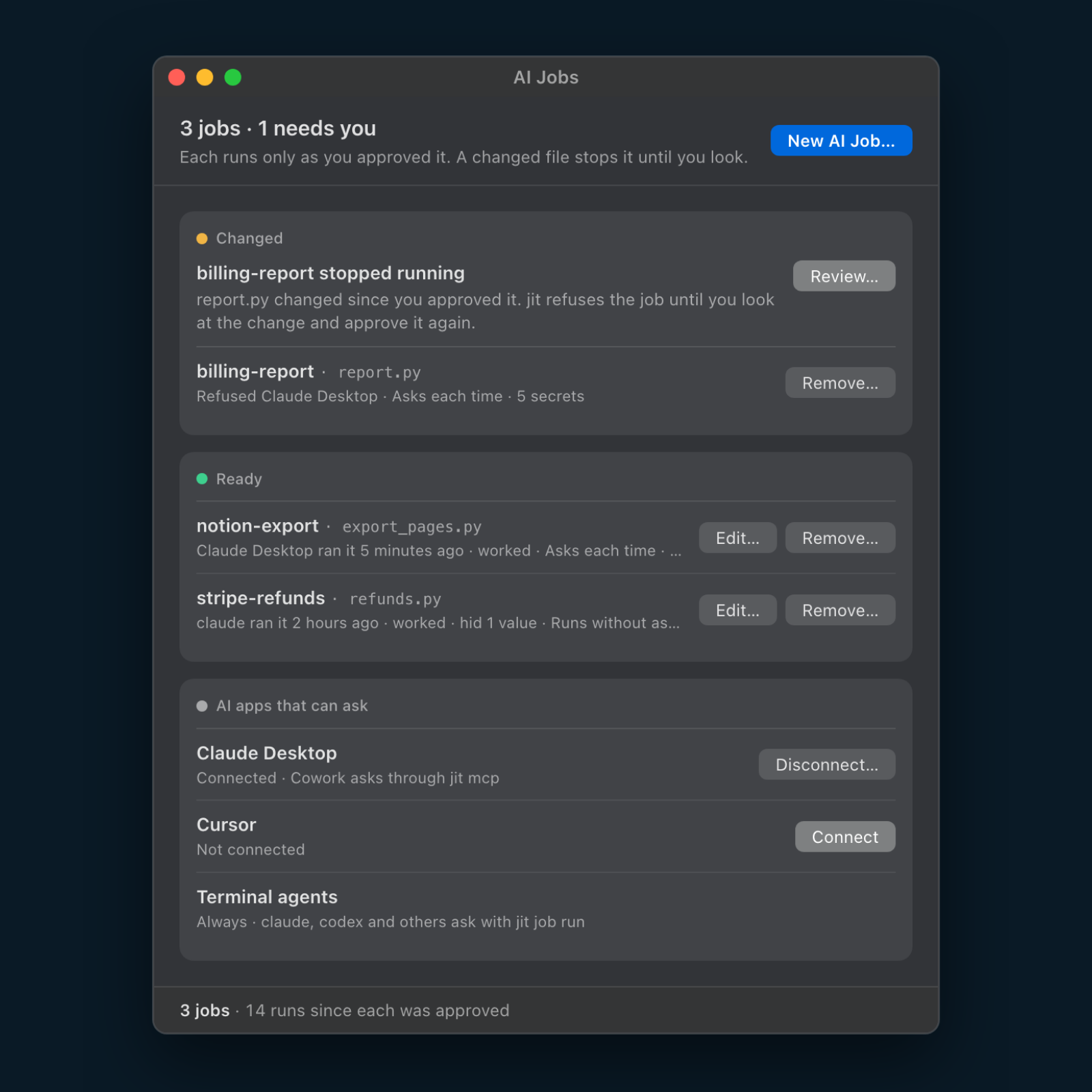 The AI Jobs window: 3 jobs, 1 needs you. billing-report stopped because report.py changed, with Review. Two ready jobs with who ran them last, each with Edit and Remove. Then the AI apps that can ask: Claude Desktop connected, Cursor with Connect, and terminal agents.