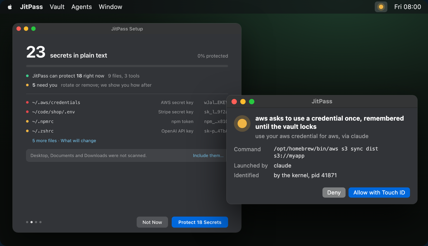 The JitPass Setup scan: 23 secrets in plain text, found in ~/.aws/credentials, a project .env, ~/.npmrc and ~/.zshrc, with masked values and a Protect 18 Secrets button. Beside it, JitPass asks: aws wants to use a credential, via claude. Deny, or Allow with Touch ID.