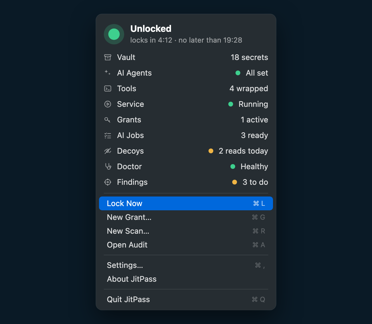 The JitPass menu bar panel, unlocked: Vault 18 secrets, AI Agents all set, Tools 4 wrapped, Service running, Grants 1 active, AI Jobs 3 ready, Decoys 2 reads today, Doctor healthy, Findings 3 to do. Then Lock Now, New Grant, New Scan and Open Audit.