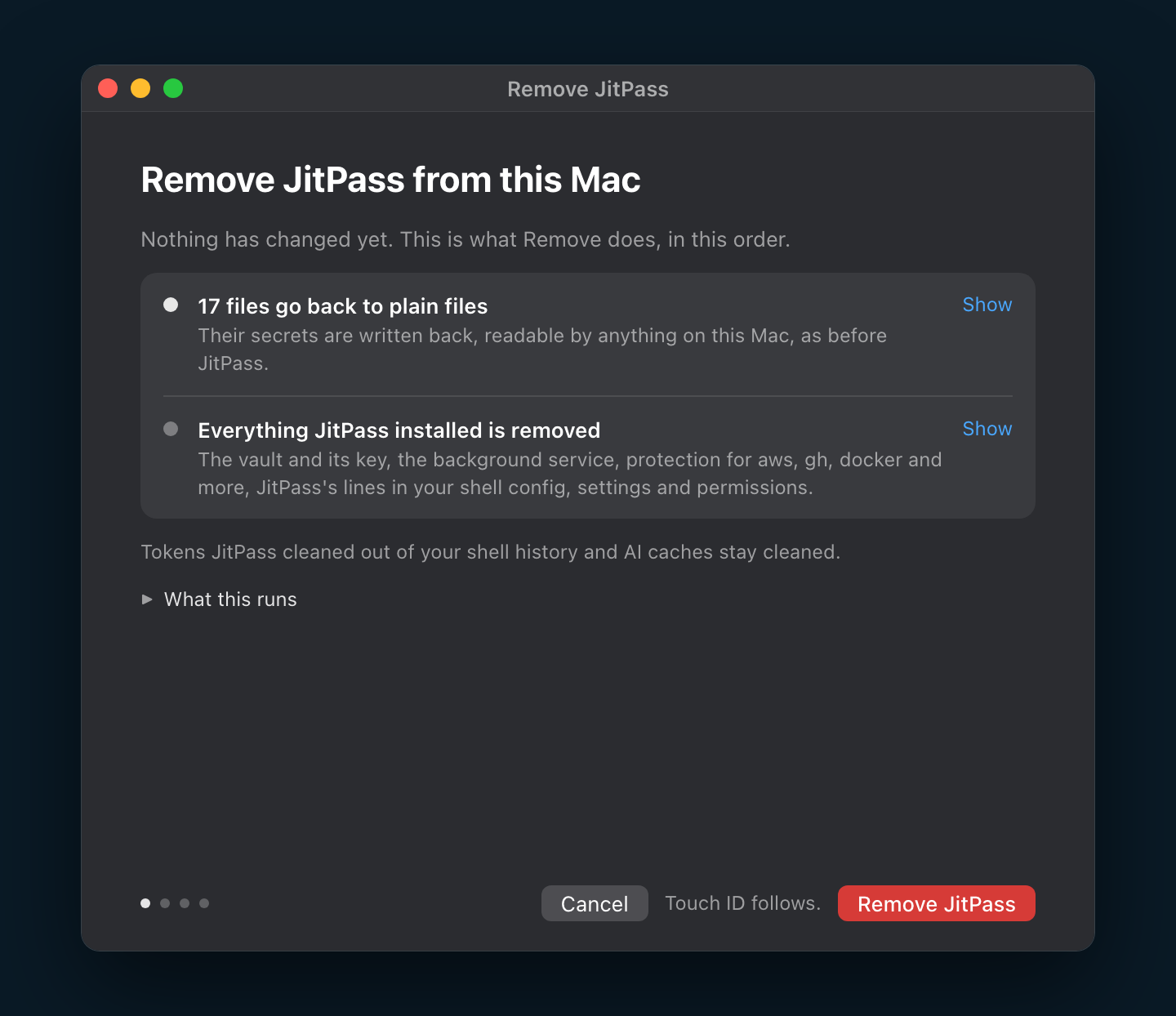 The Remove JitPass window: 17 files go back to plain files, then everything JitPass installed is removed. Cancel, or Remove JitPass. Touch ID follows.