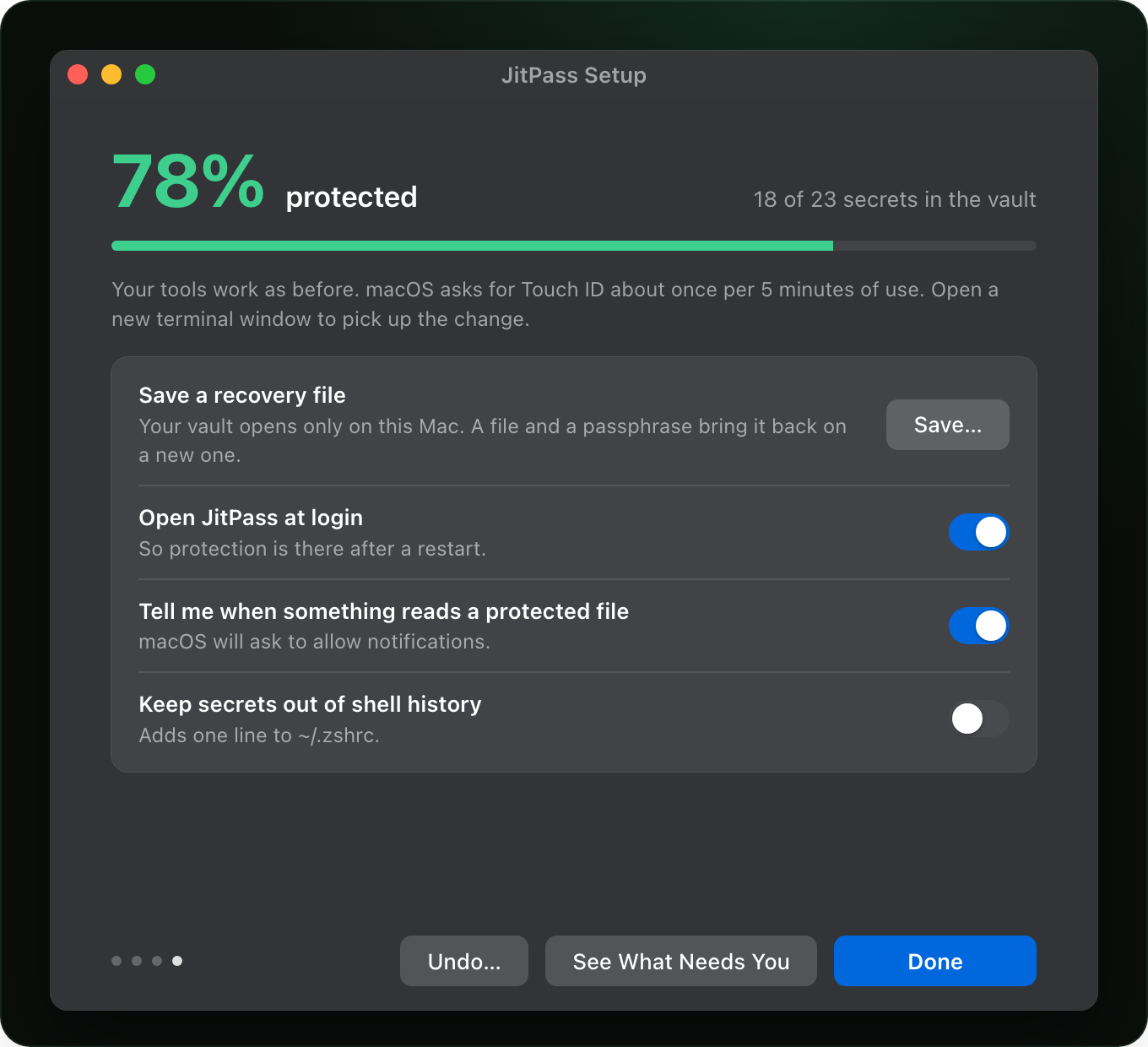 Setup, done: 78% protected, 18 of 23 secrets in the vault, with options to save a recovery file, open at login, and get notified of decoy reads.