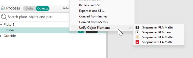Changing an object's default filament