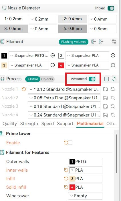 filament for features with mixed nozzles