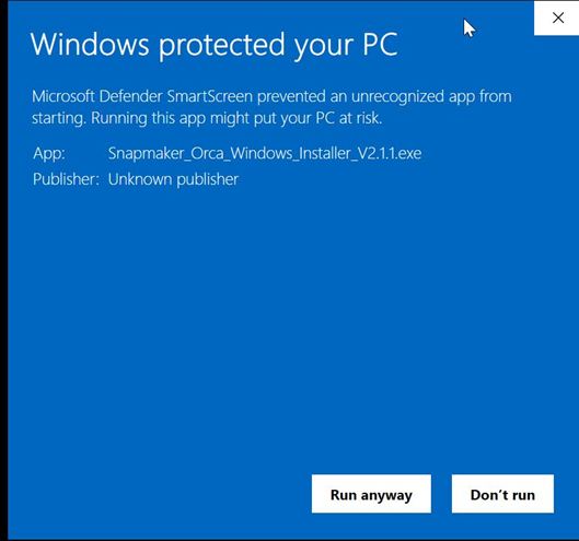 Snapmaker Orca 安装程序的 Windows Defender 警告