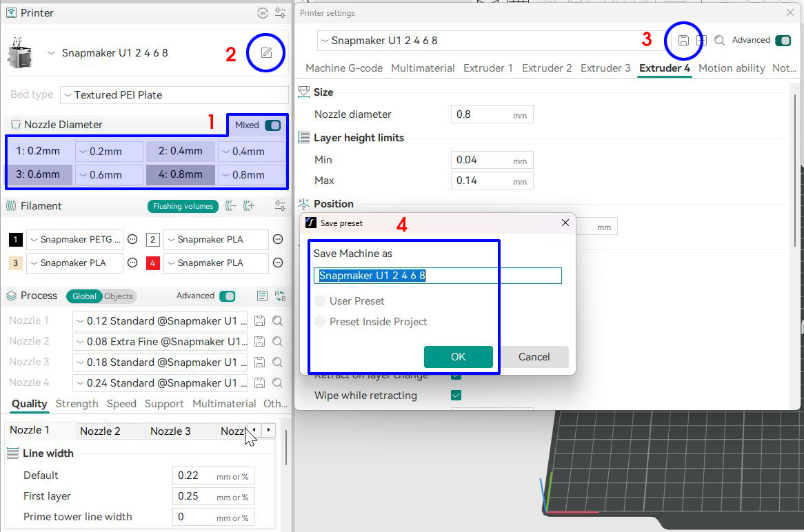 Setting up the process preset and nozzle diameters