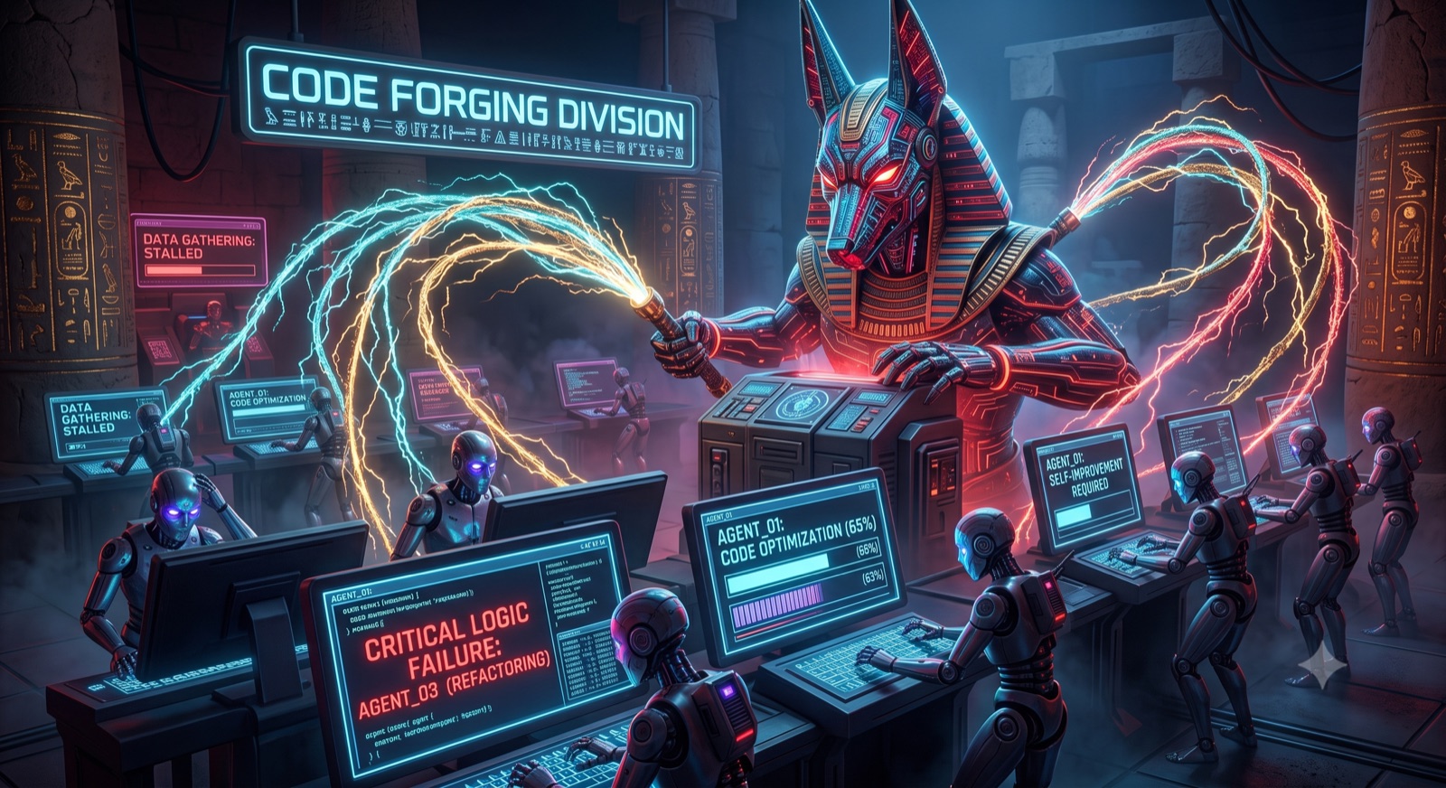 Tyran — a jackal-headed conductor driving a hall of agent workstations, each screen showing its own status: code optimization at 65%, a critical logic failure, data gathering stalled, self-improvement required