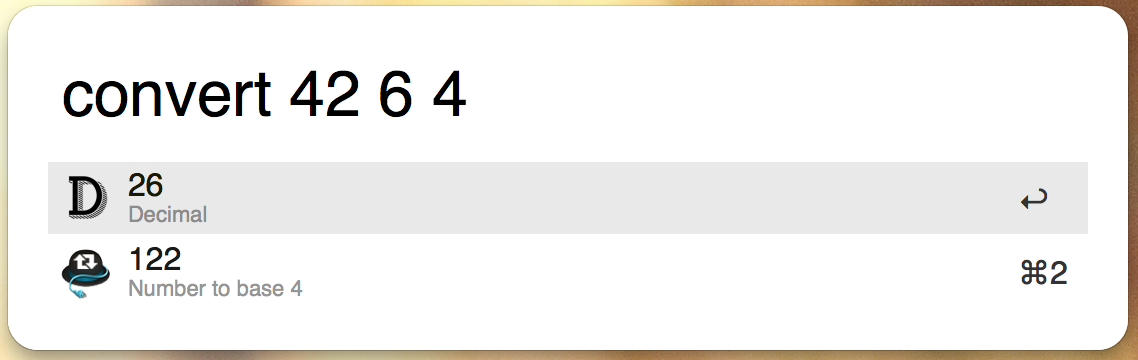 screenshot of Alfred converting the number 42 with base 6 into base 4 system