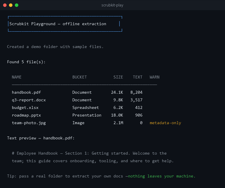 Scrubkit playground output โ a table of extracted files with type, size and text length