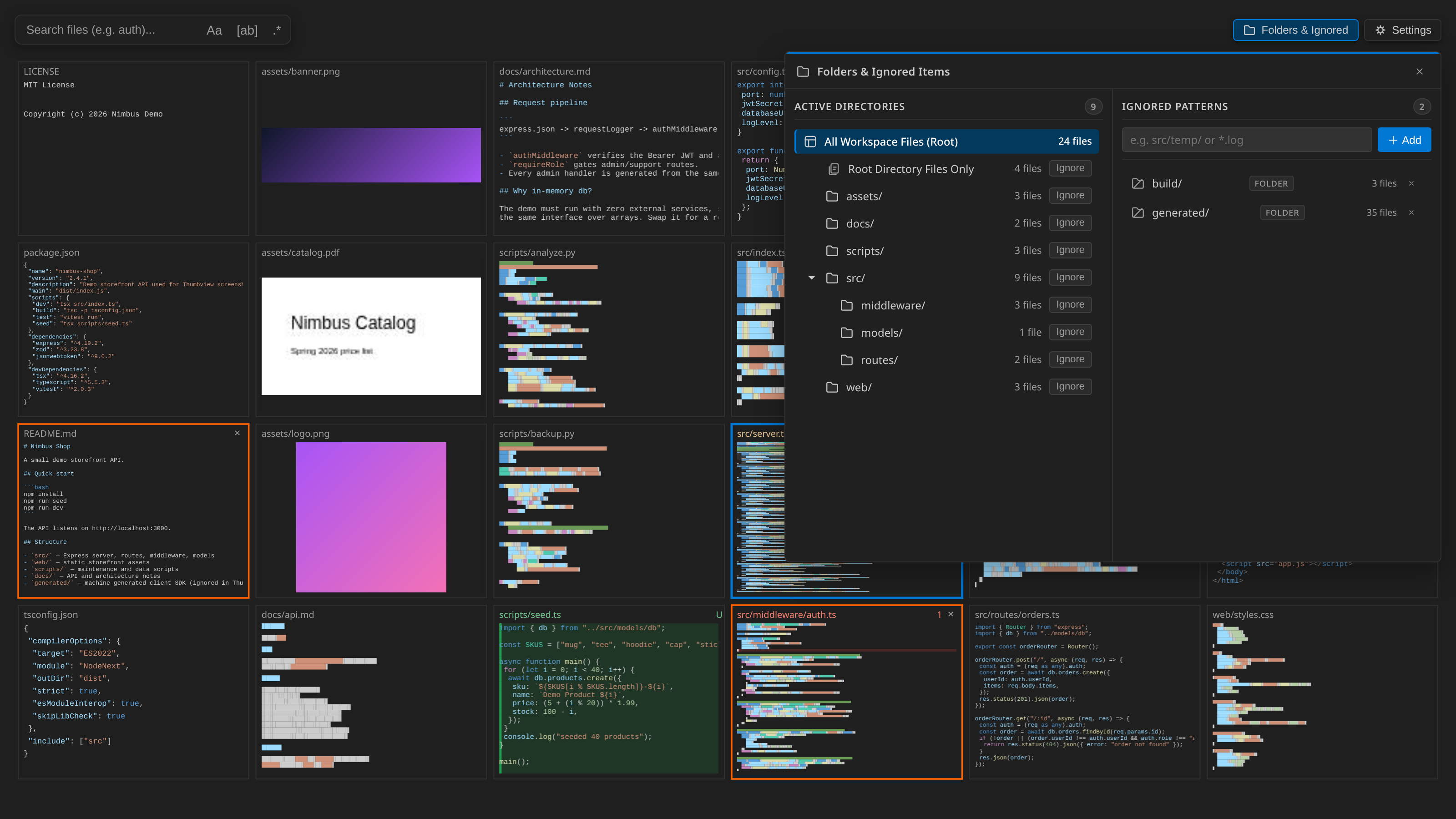 Folders & Ignored lists every folder and the patterns hiding files