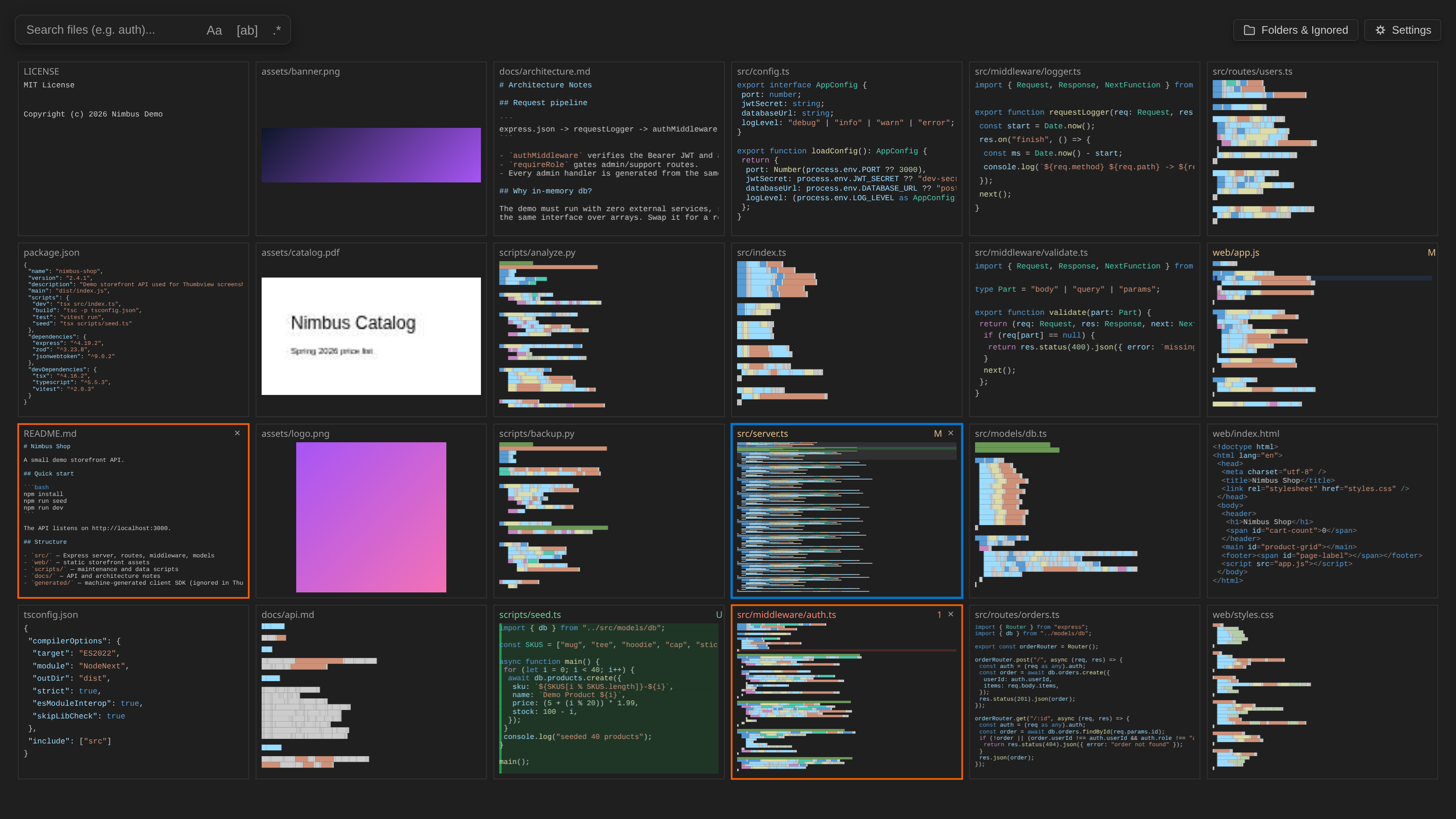 The grid: open files are outlined, the active file shows its visible range, and tiles show git changes and error counts