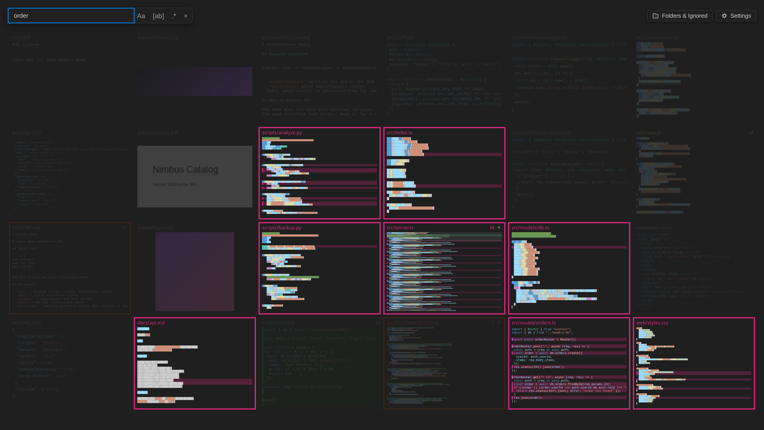 Search highlights every matching file and line