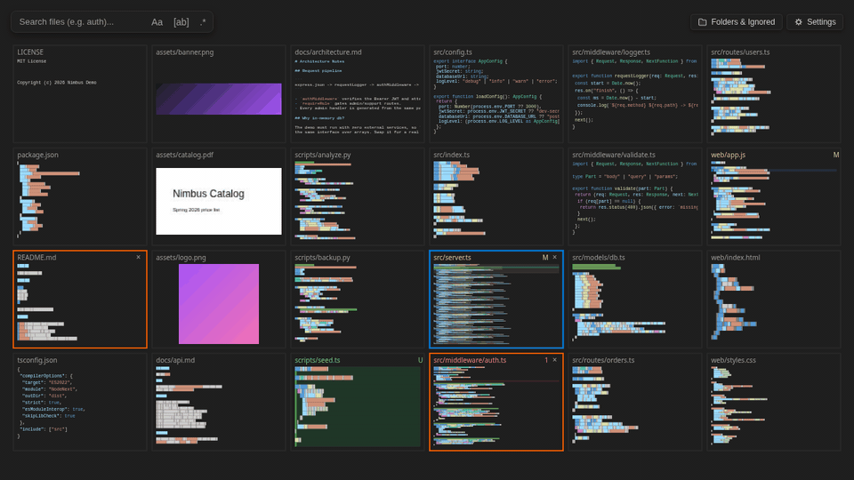 Thumbview: searching every file at once, magnifying code with Ctrl, and a hidden file leaving its slot empty until a new file fills it
