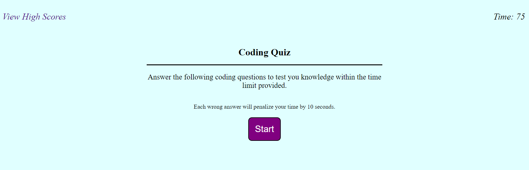 Screenshot of coding quiz main page