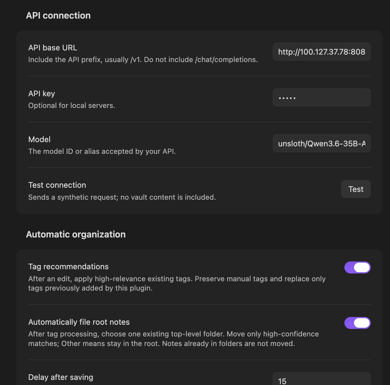 Tagged settings showing API connection and organization options