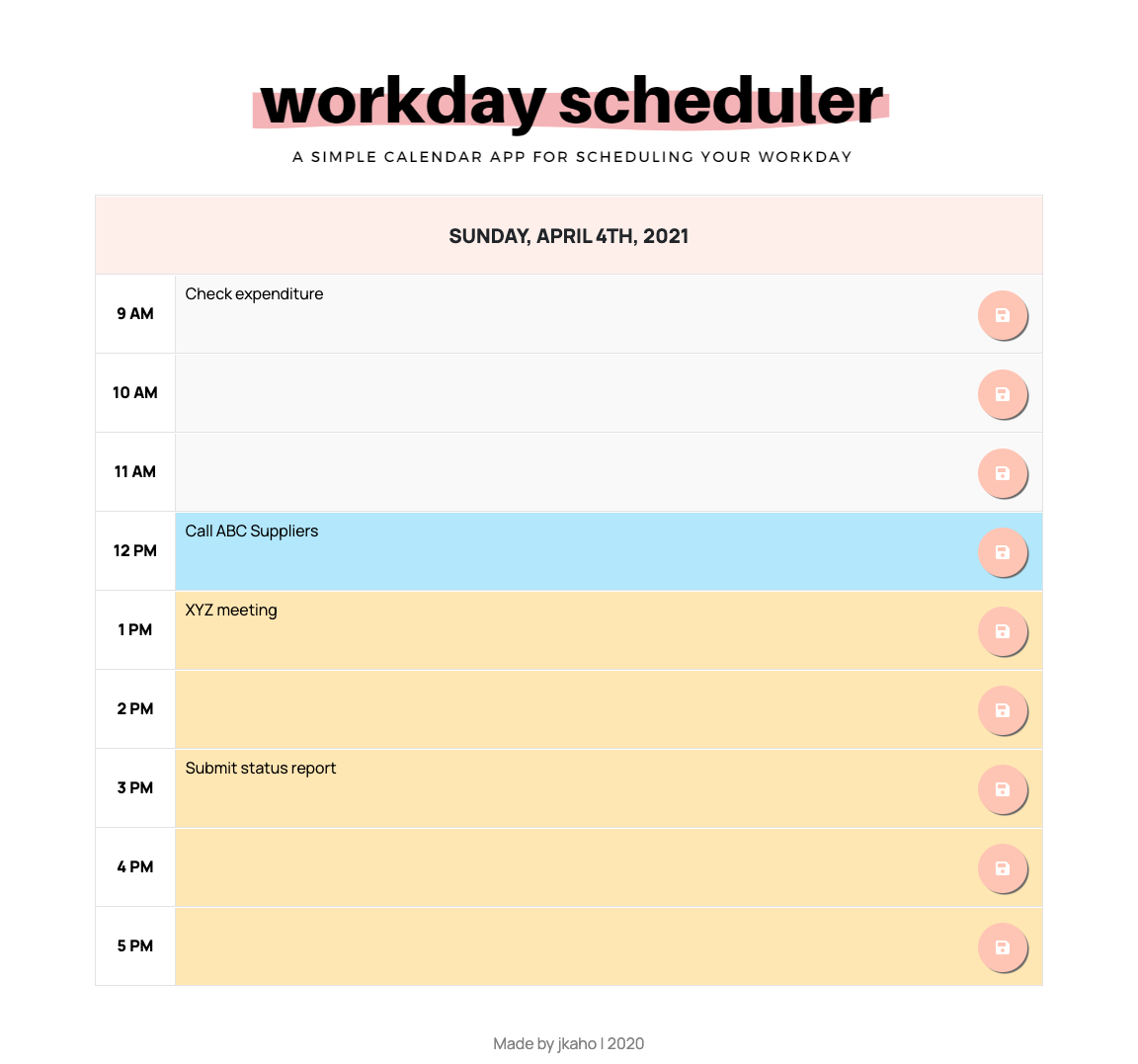 Work day scheduler screenshot