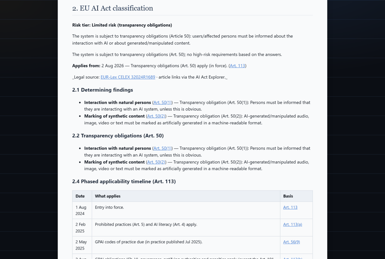 AI Act Companion — classify a system, then review the architecture-aware AI security severity, the prioritised red-team test plan, the matching defensive control catalogue, the OWASP GenAI Data Security findings, and the NIST CSF 2.0 / ISO 27001 framework matrix