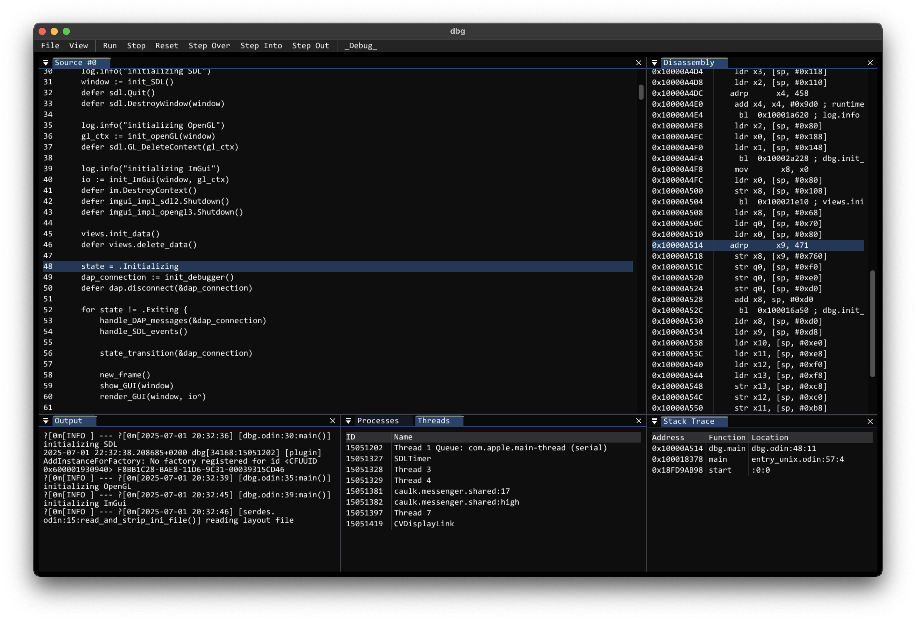 Screenshot of the debugger debugging itself