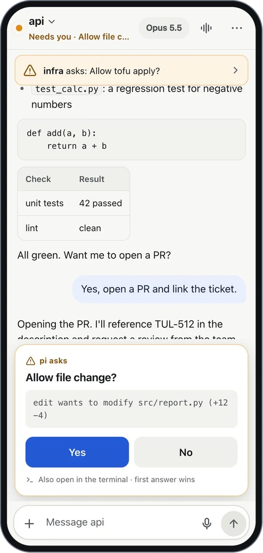 pi asks permission to change a file; large Yes and No buttons above the composer