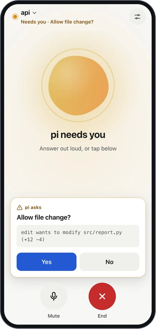 Voice mode while pi needs you: an amber orb, the question card with big answer buttons, and Mute and End below