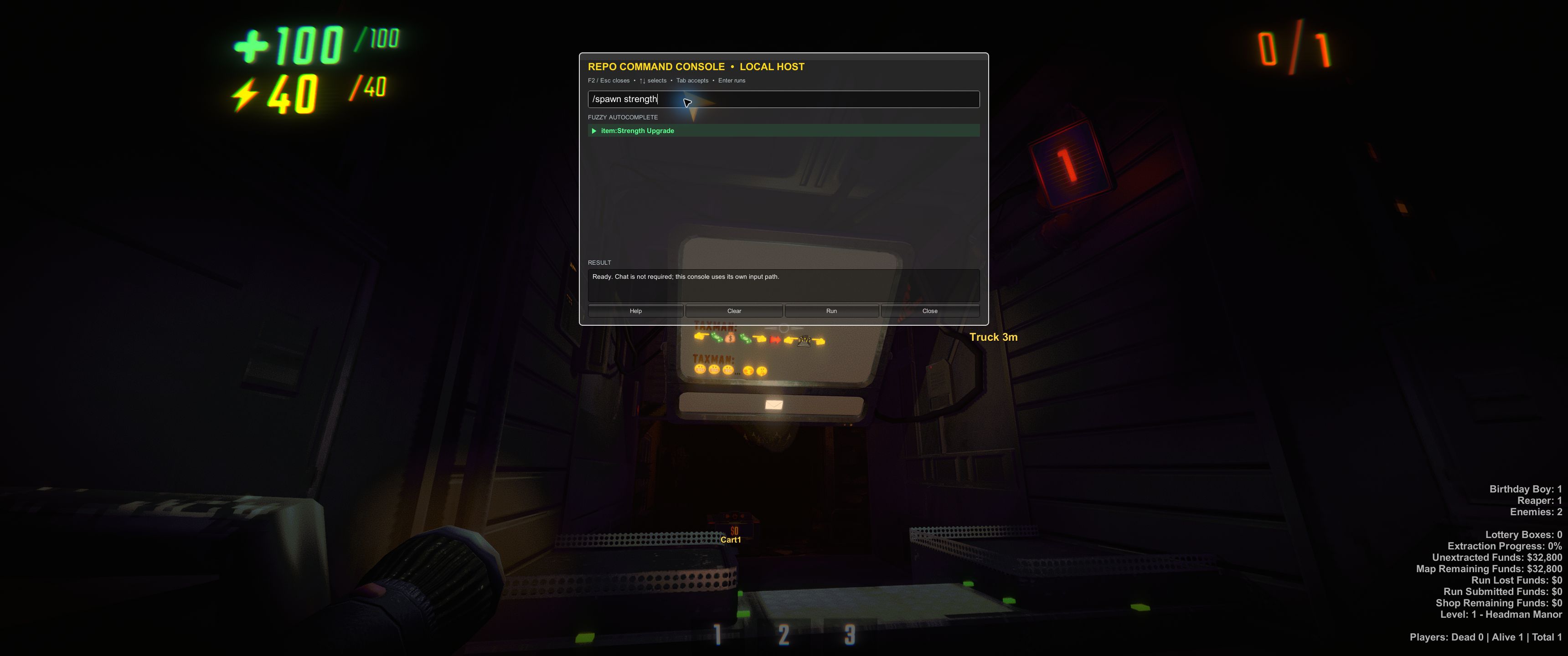 R.E.P.O. command console showing fuzzy autocomplete for spawn targets