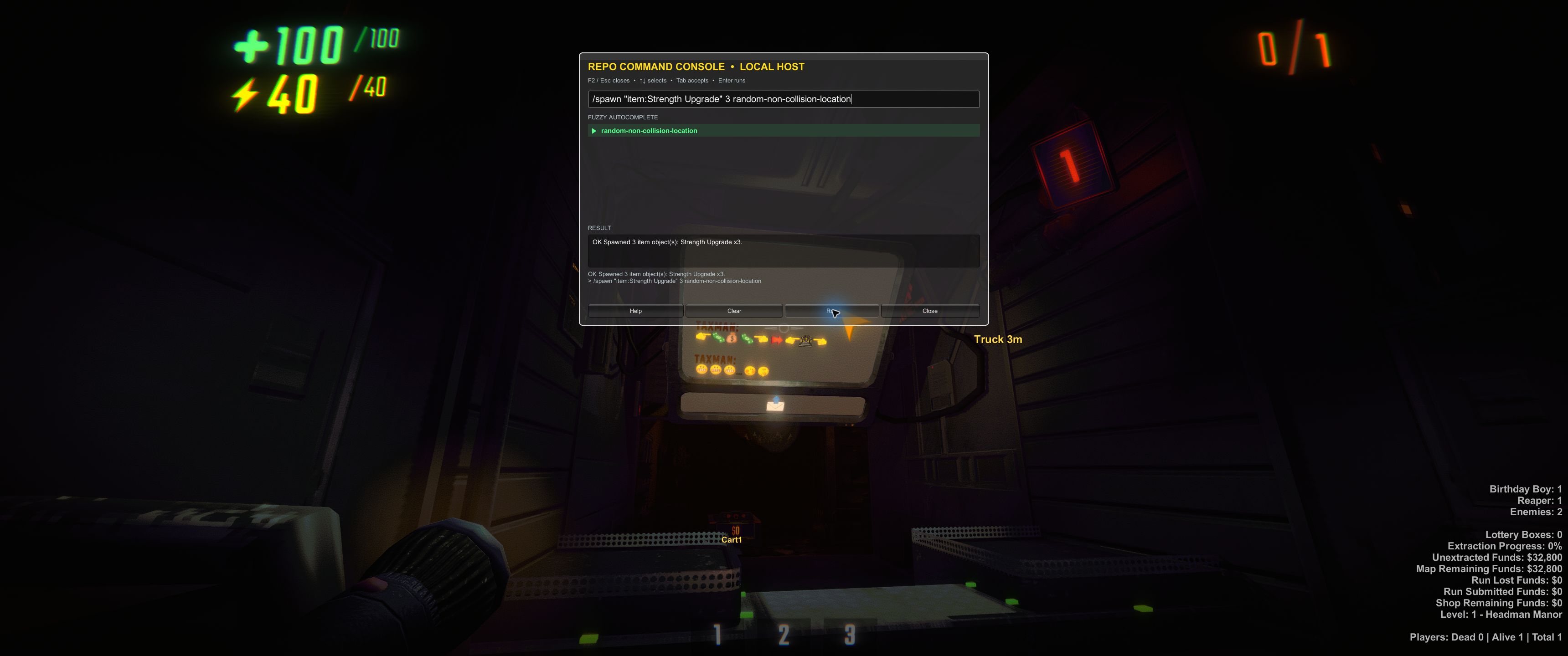 RepoCommandConsole showing a successful spawn command in R.E.P.O.