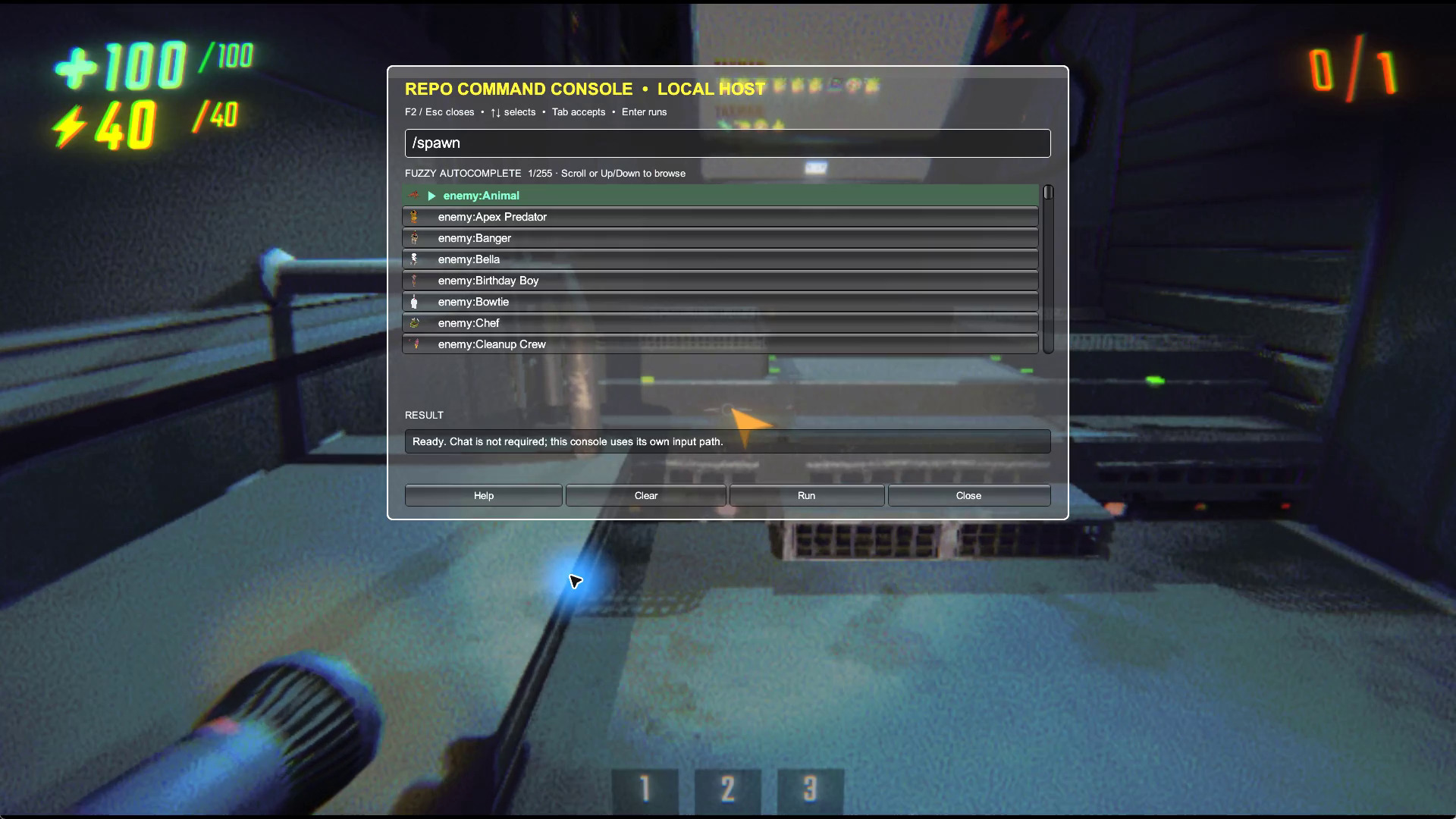 Watch REPO Command Console 2.2.0 gameplay: browse, spawn, pick up items, and clean up enemies