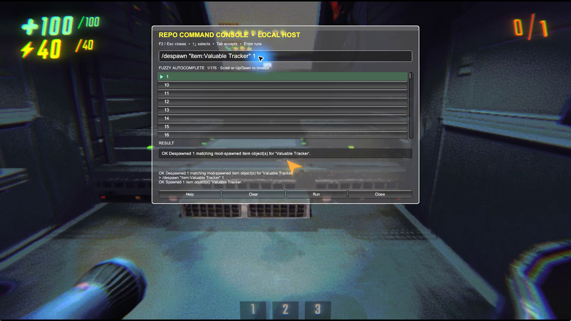 REPO Command Console confirming targeted cleanup of one spawned Valuable Tracker