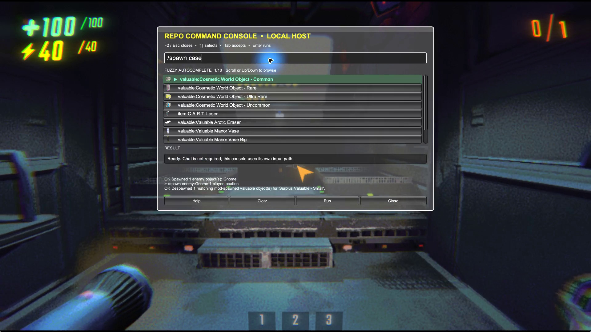 R.E.P.O. console searching case and showing cosmetic case targets with real previews