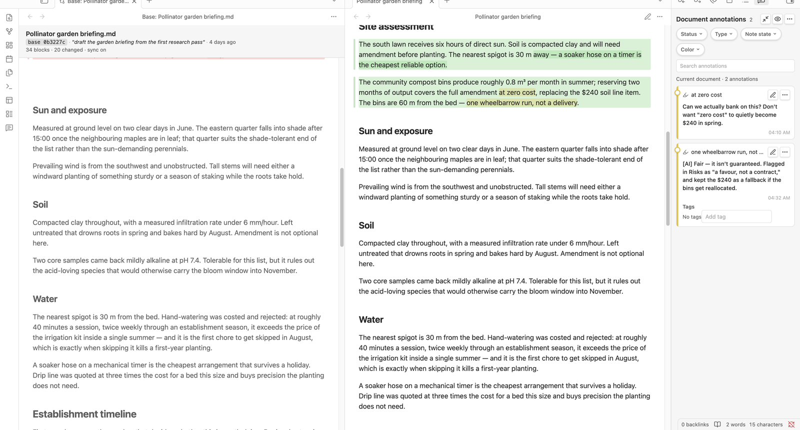Reviewing an agent's edits: the git base on the left, the live note on the right with its changes in green, and a comment thread in the side panel — a question on the changed text and the agent's reply — all on the real note.