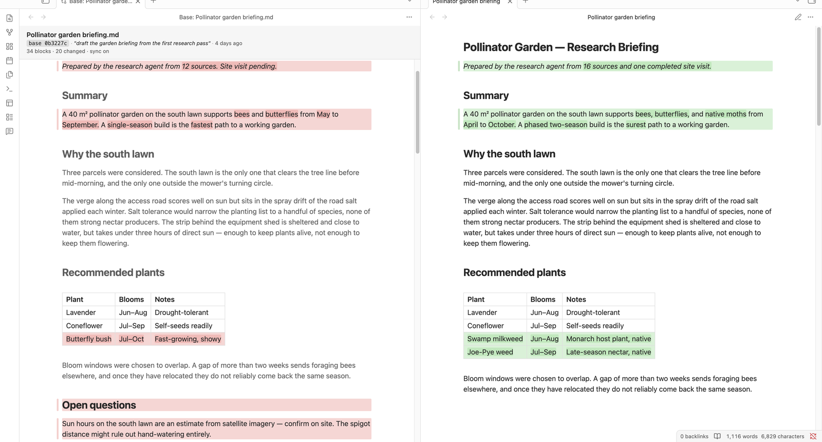A review on a real note: the pinned git version on the left with deletions in red, the live note on the right with insertions in green and changed words marked on both sides.