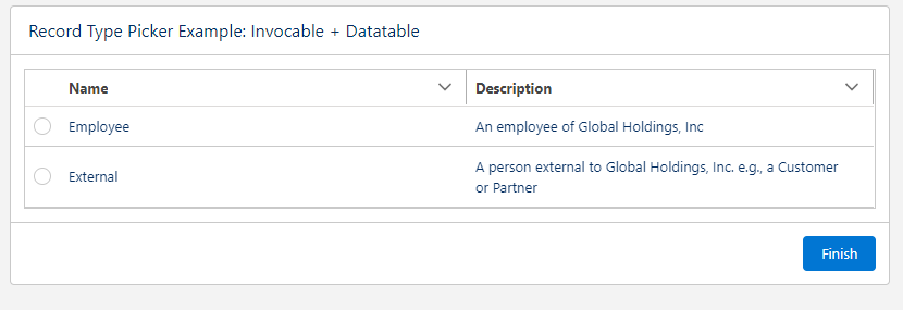 Screen with resulting data table and record types for selection