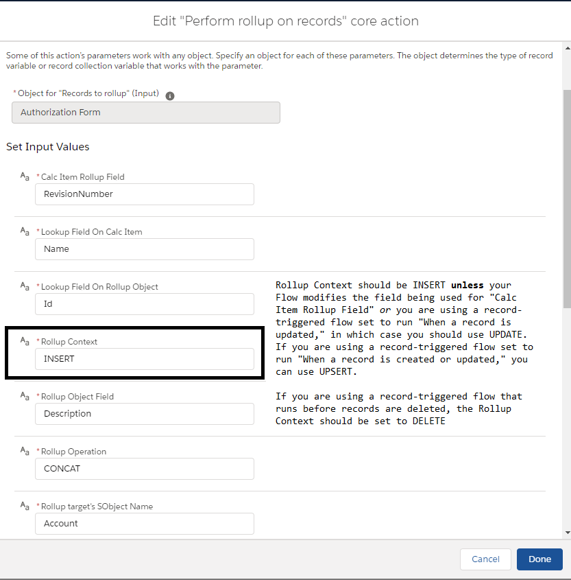 Example "Perform Rollup on records" action