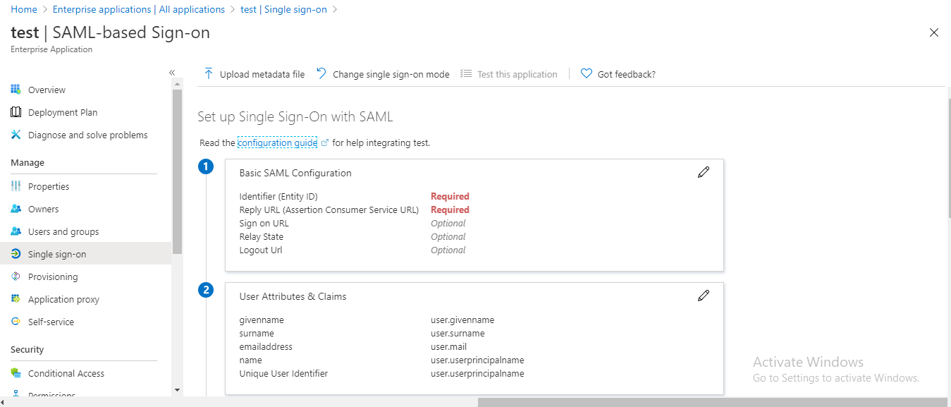 SAML Configuration Page