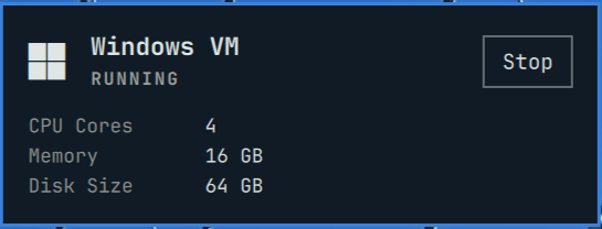 Screenshot: Windows VM widget in running state