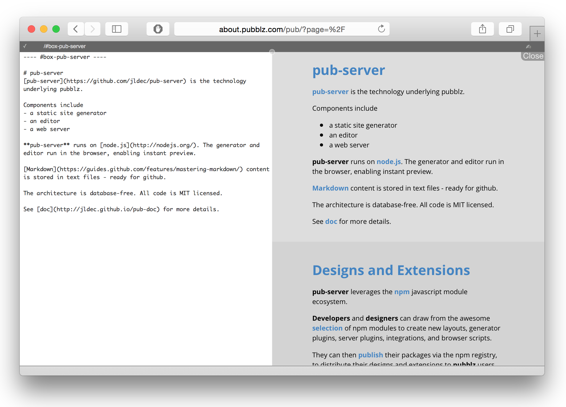 Screenshot of pub-server editor with pub-theme-brief (flexbox) theme