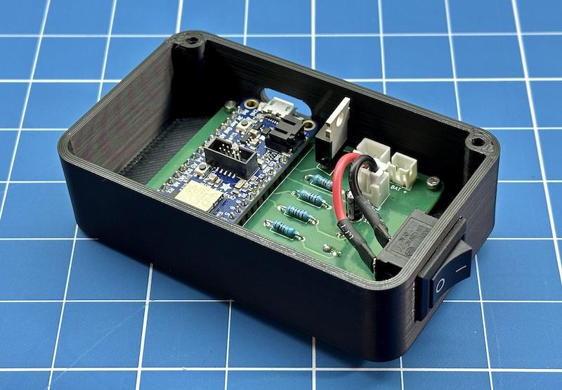 Control box hosting the completed board with components soldered