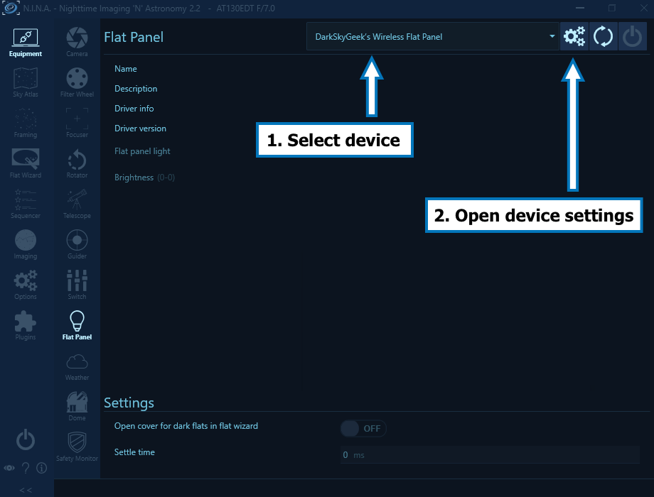 Device selection and opening the device settings dialog