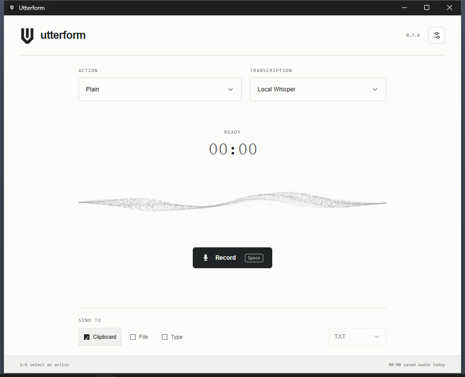 Utterform ready to record with Local Whisper selected