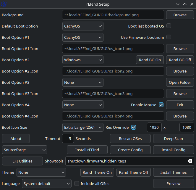 rEFInd_GUI main window with auto-detected boot options