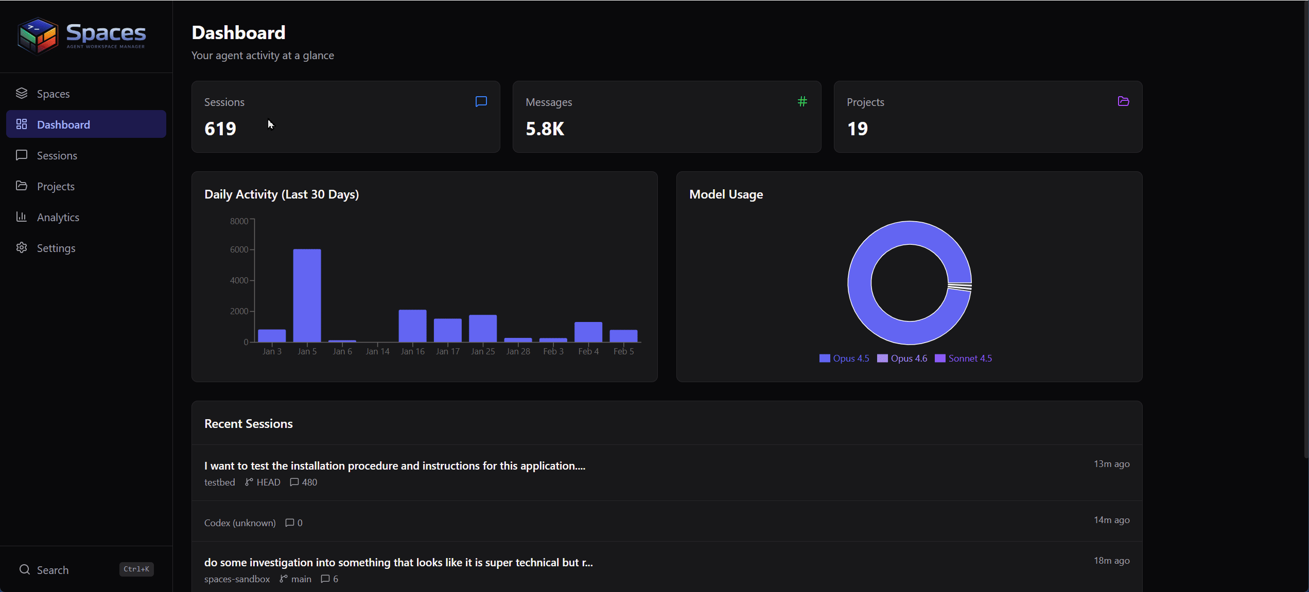 Spaces demo — multi-pane terminal grid with Claude Code, Gemini CLI, Aider, and Shell running side-by-side