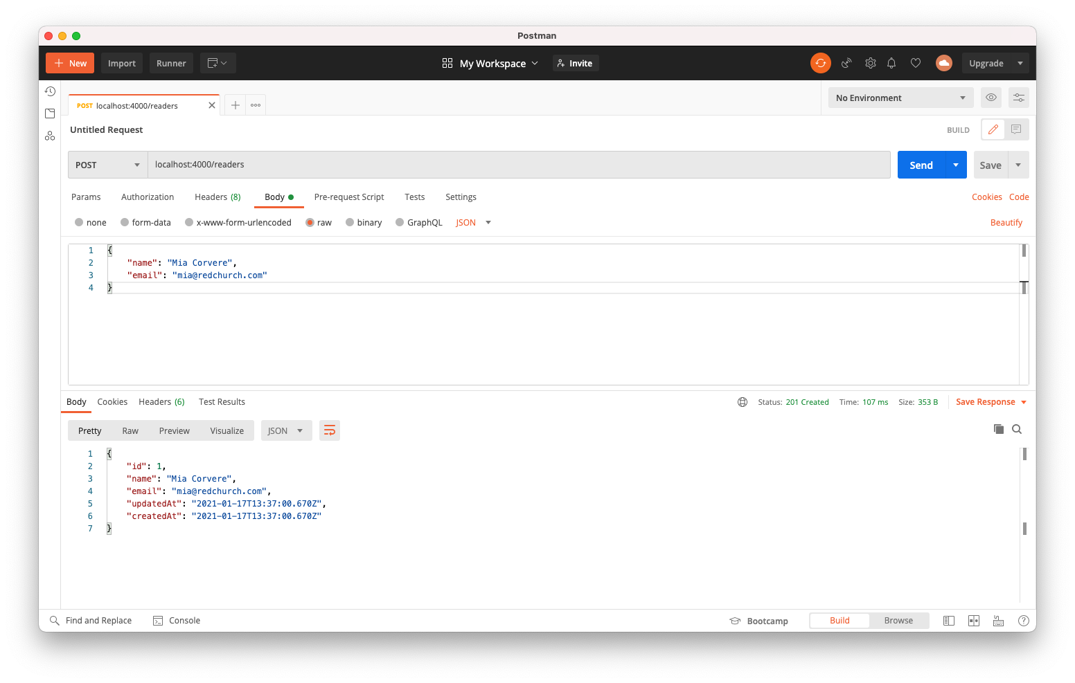 Screenshot of successful POST request in Postman