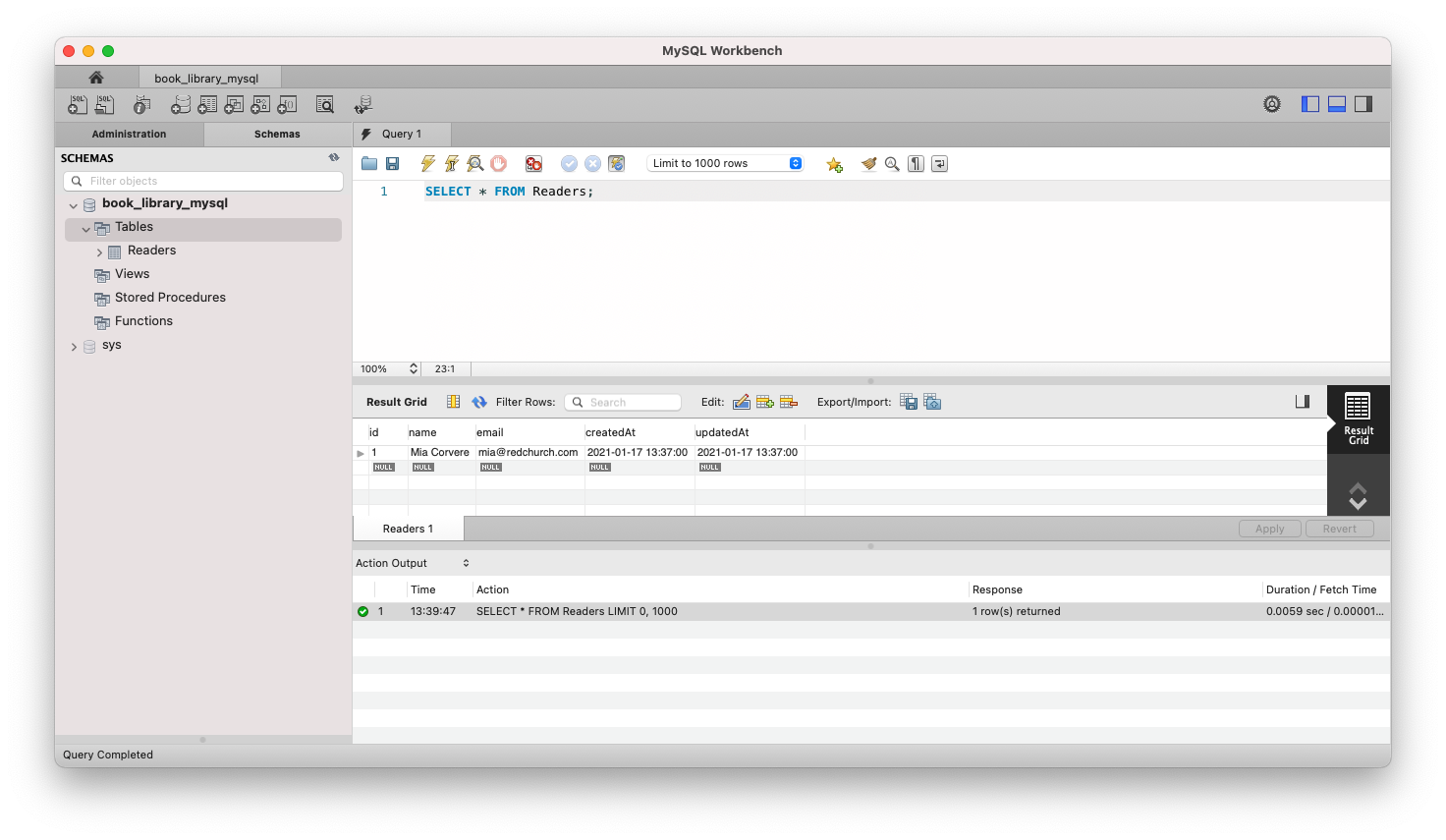 Screenshot of MySQL Workbench and Readers table with new entry