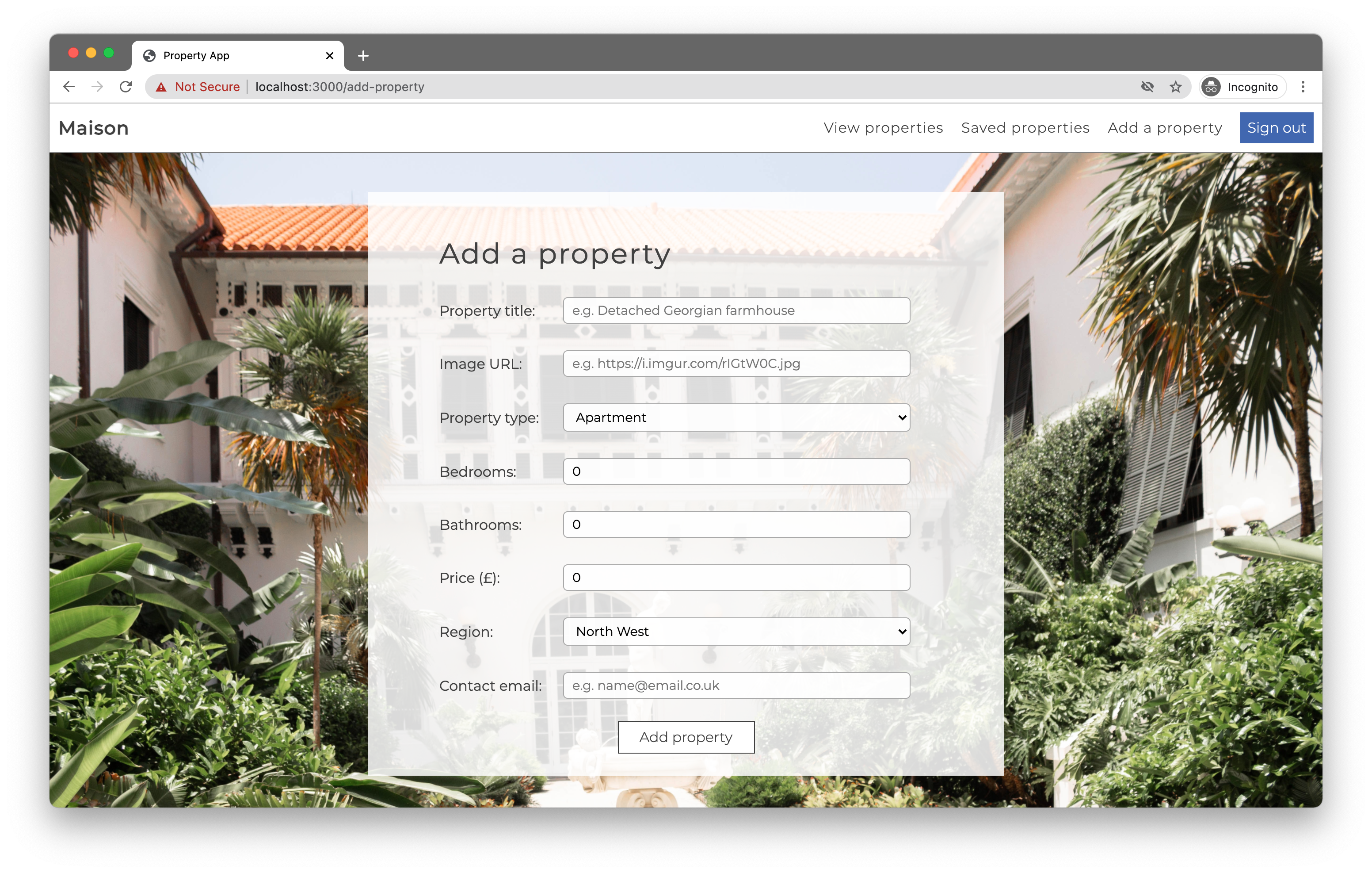 Screenshot of property app - Add Property page