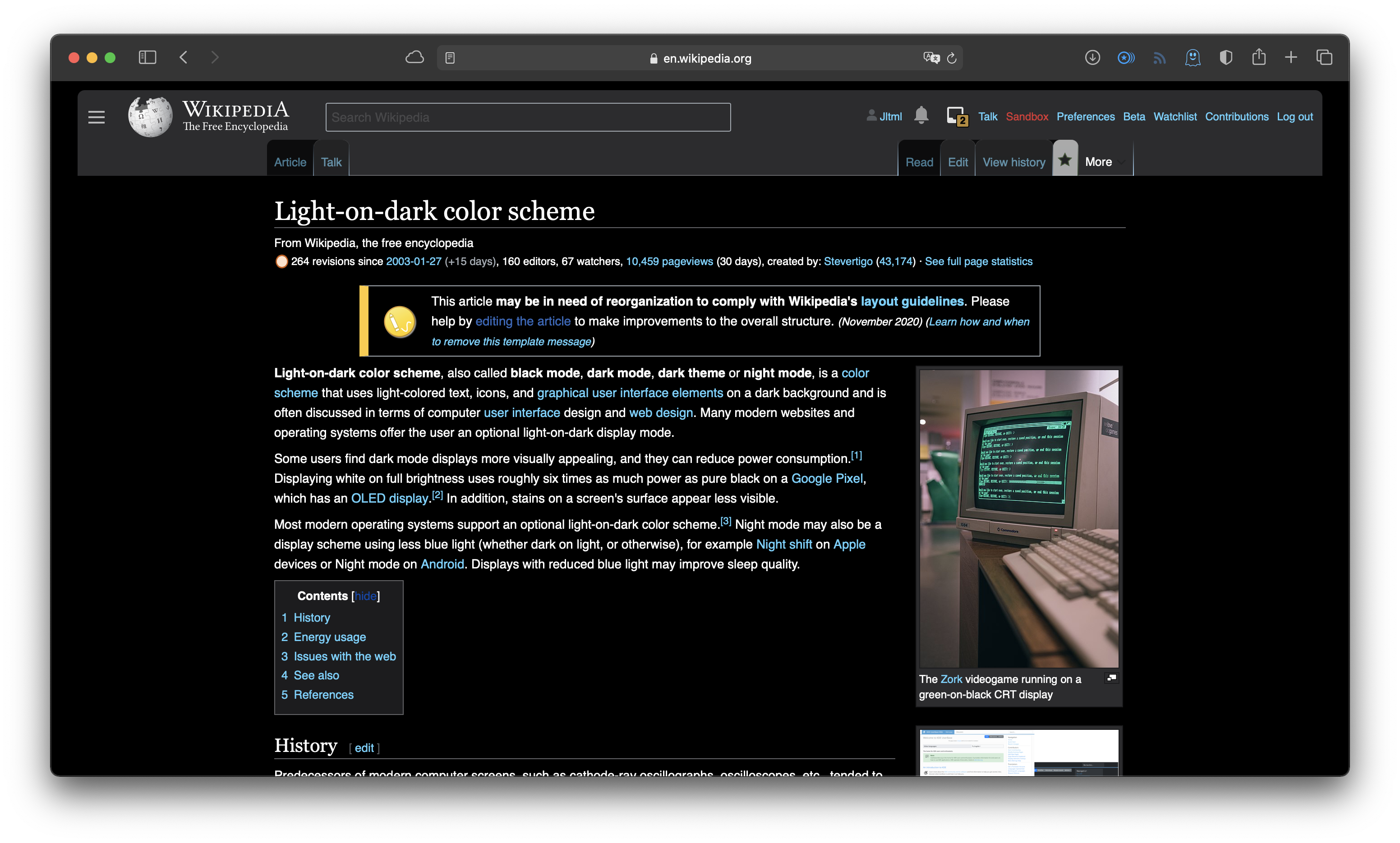 Screenshot of Wikipedia with custom dark mode CSS