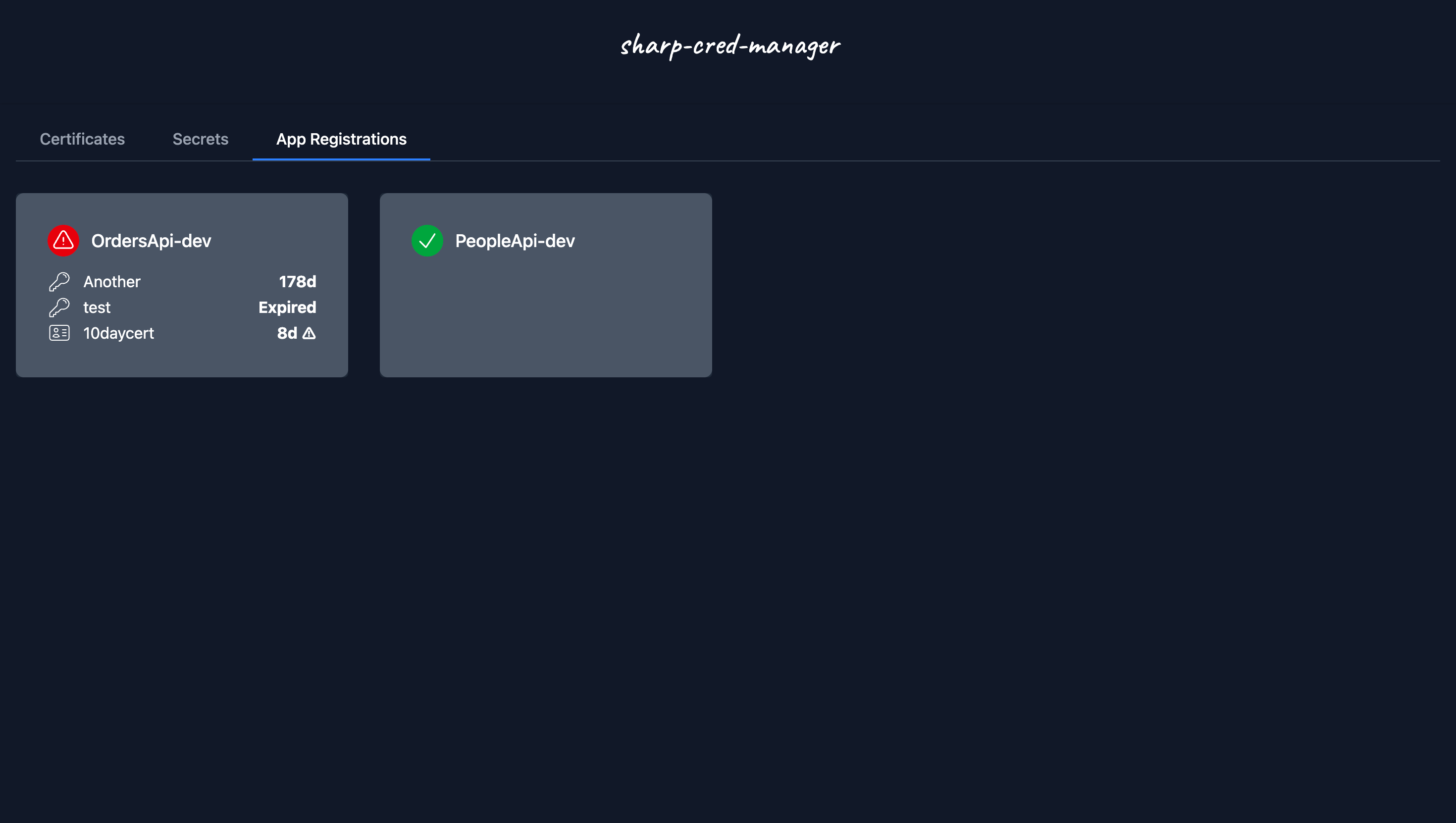 Sharp Cred Manager - app registration dashboard