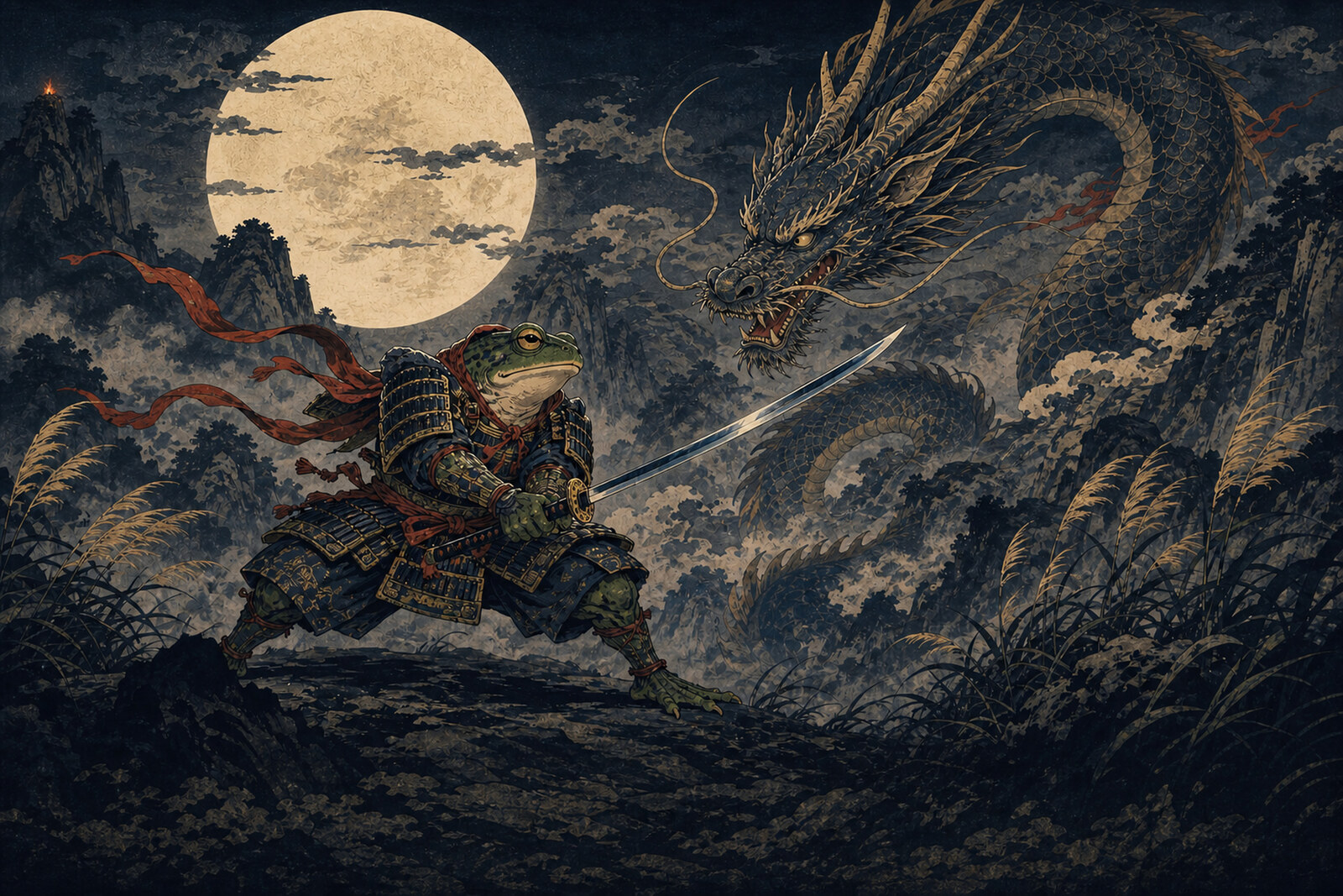 A samurai frog about to battle a dragon, in traditional Japanese style